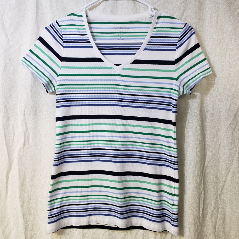 Croft & Barrow striped classic tee, V Neck Womens small Casual Nautical Coastal